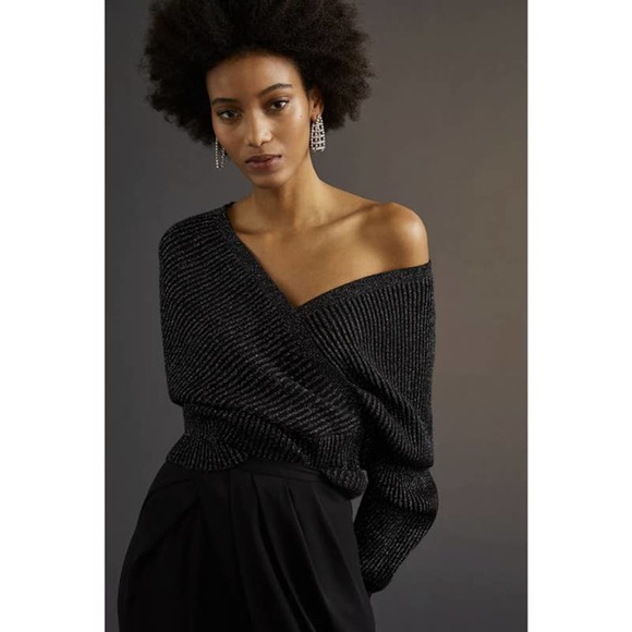 Anthropologie Sweaters - NEW Anthropologie Black Shimmer Surplice Pullover Sweater- Large
